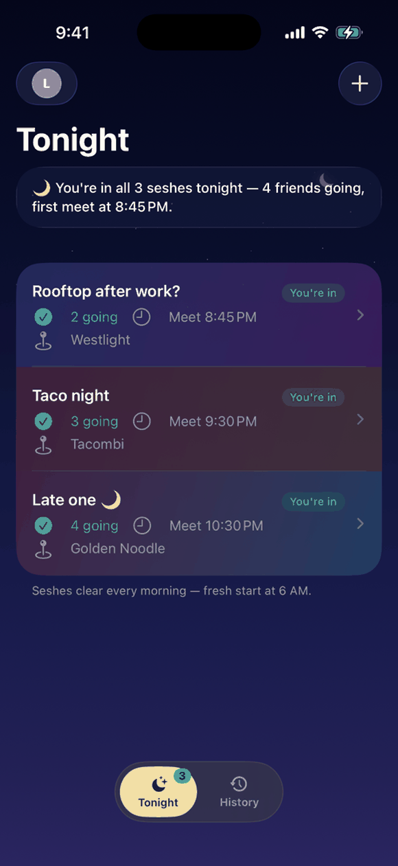 Sesh on iPhone — tonight's plans on the Tonight list